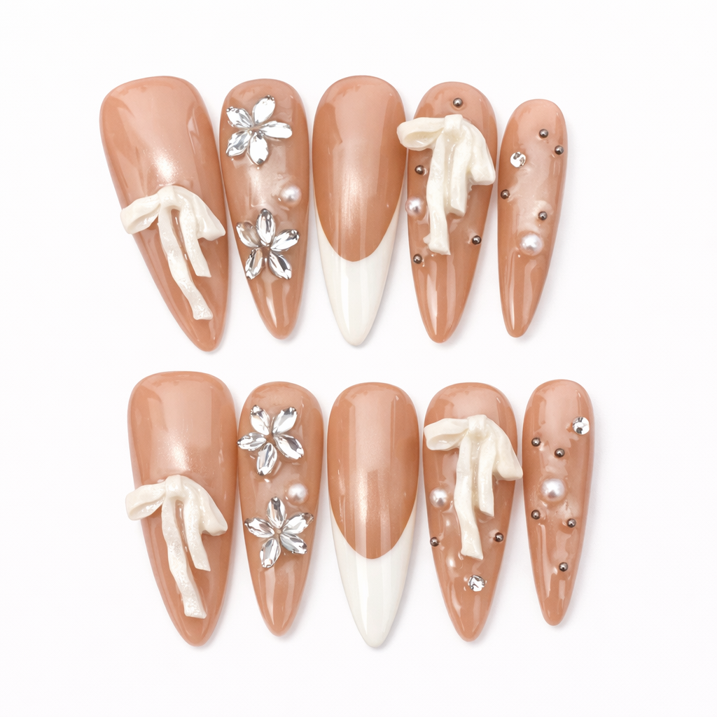Nude French Bow Press On Nails – Elegant Long Almond with Pearl & Crystal Design