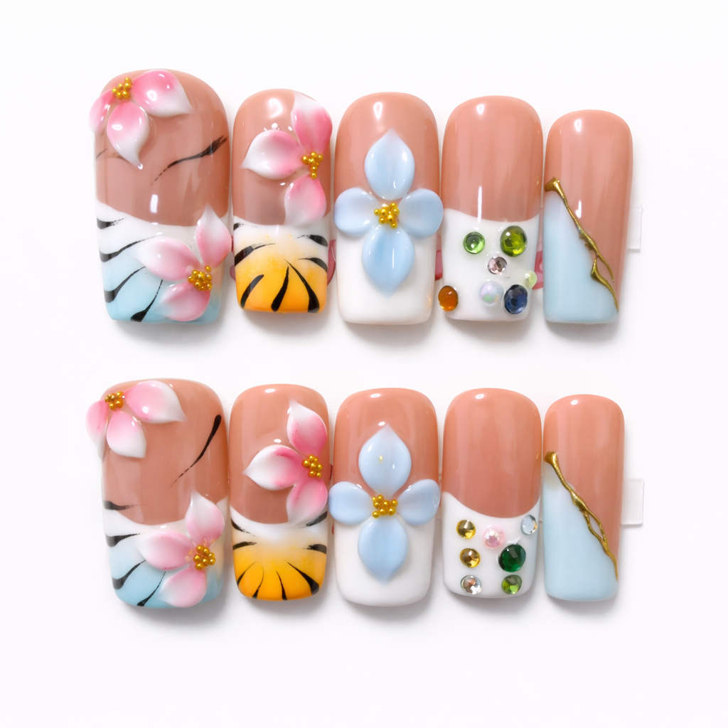 Colorful 3D Flower Press On Nails – Summer Gradient Floral Design with Rhinestones & Gold Line