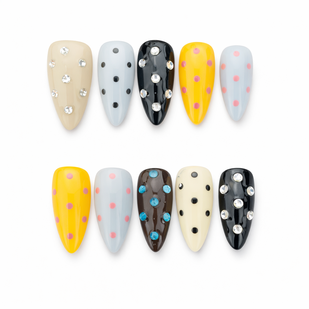 Color Pop Polka Dot Press-On Nails – Glossy Almond Shape with Rhinestones