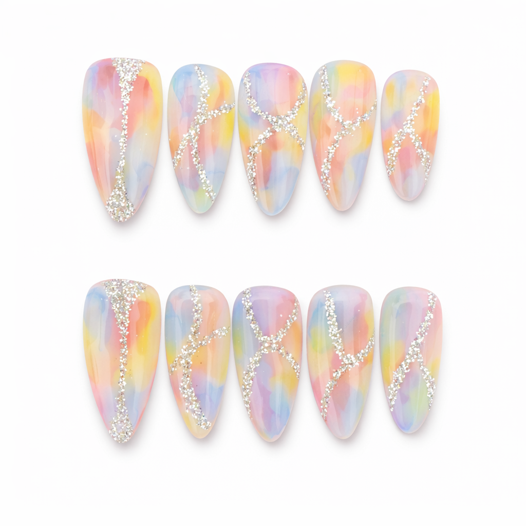 Pastel Rainbow Glitter Press-On Nails – Glossy Almond Ombre Nails