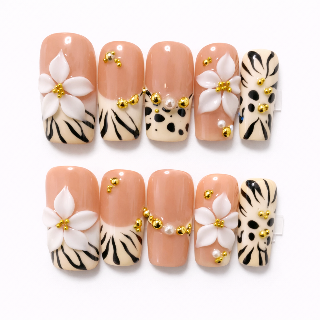 3D Flower Animal Print Press On Nails – Nude Leopard Zebra French Tip with Gold Beads