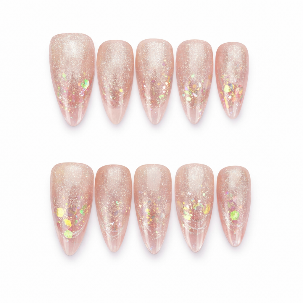Nude Glitter Press-On Nails – Soft Pink Sparkle Almond Nails