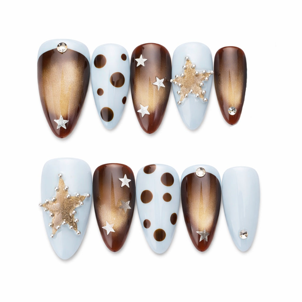 Blue Brown Star Press-On Nails – Gradient Glossy Almond Nails with Rhinestones