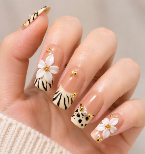 3D Flower Animal Print Press On Nails – Nude Leopard Zebra French Tip with Gold Beads