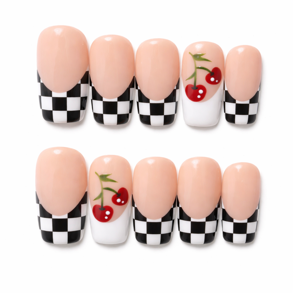Cherry Checker Press On Nails – Nude French Tip with Black White Checker & Cute Cherry Design