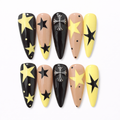 Star Gothic Press On Nails – Black Yellow Almond with Cross Charm Design