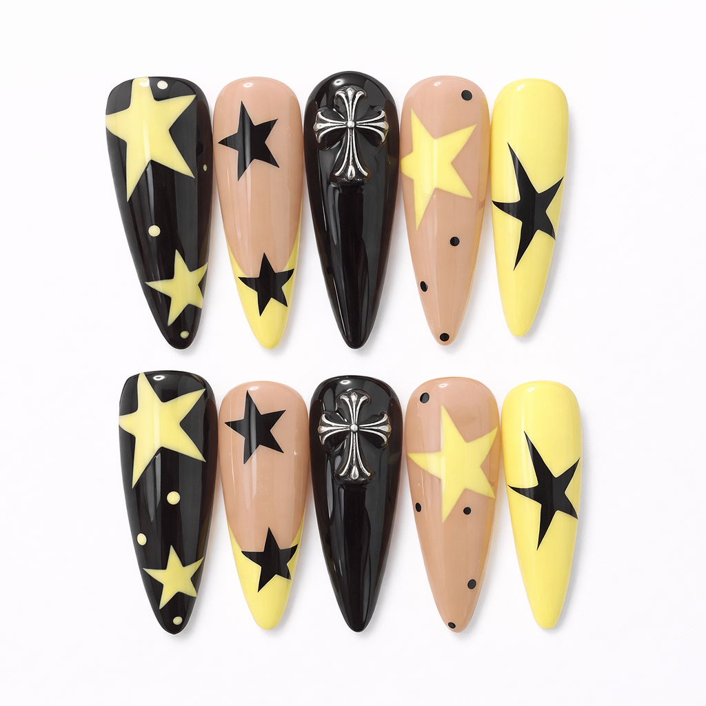 Star Gothic Press On Nails – Black Yellow Almond with Cross Charm Design