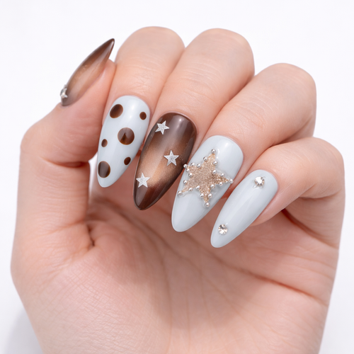 Blue Brown Star Press-On Nails – Gradient Glossy Almond Nails with Rhinestones
