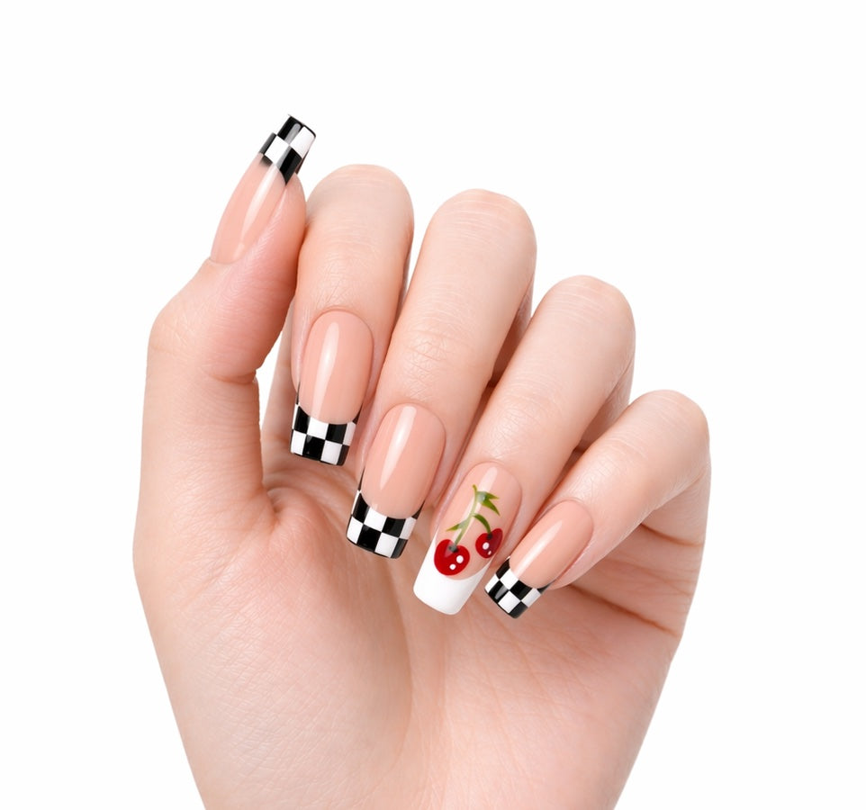 Cherry Checker Press On Nails – Nude French Tip with Black White Checker & Cute Cherry Design
