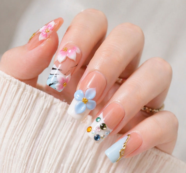 Colorful 3D Flower Press On Nails – Summer Gradient Floral Design with Rhinestones & Gold Line