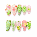 Cute Cartoon Press On Nails – Pink & Green 3D Fruit & Bear Design