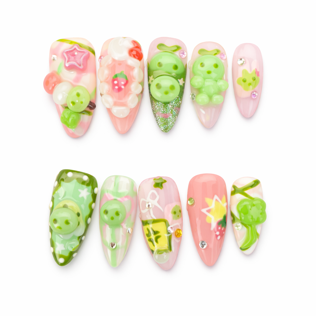 Cute Cartoon Press On Nails – Pink & Green 3D Fruit & Bear Design