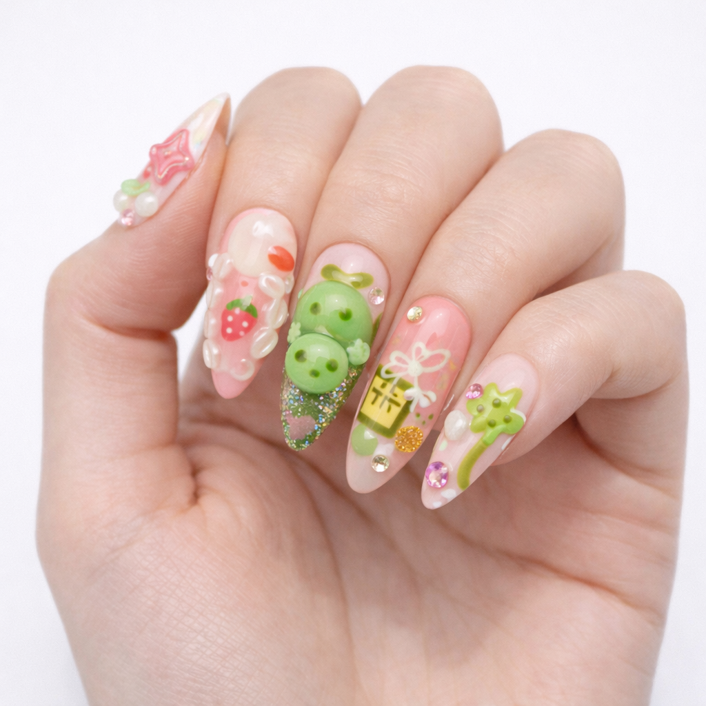 Cute Cartoon Press On Nails – Pink & Green 3D Fruit & Bear Design