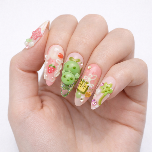 Cute Cartoon Press On Nails – Pink & Green 3D Fruit & Bear Design