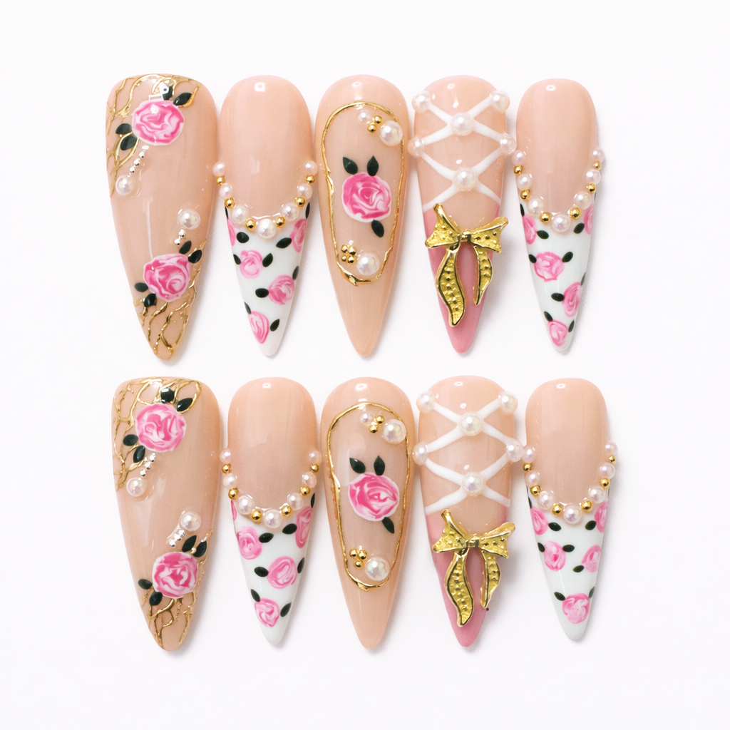 Floral French Press On Nails – Nude Pink Almond with Rose & Pearl Design