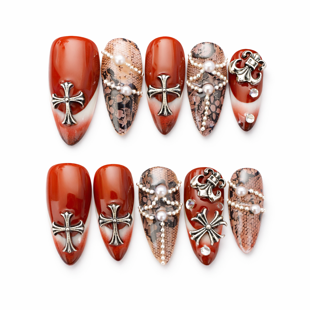 Gothic Cross Press On Nails – Red Ombre with Lace, Pearl & Metal Charms