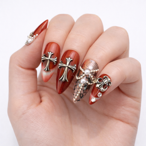 Gothic Cross Press On Nails – Red Ombre with Lace, Pearl & Metal Charms