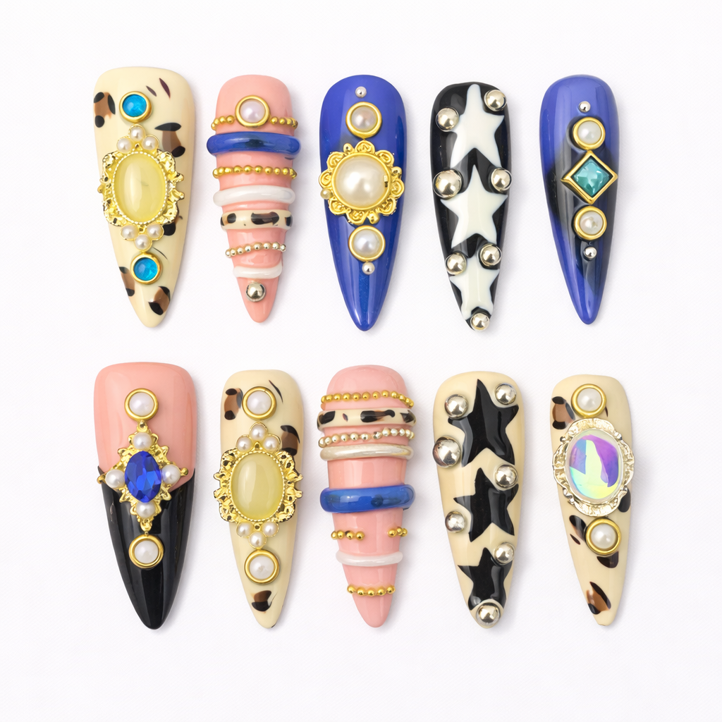 Luxury Gemstone Press On Nails – Royal Blue & Leopard Almond with Gold Charms