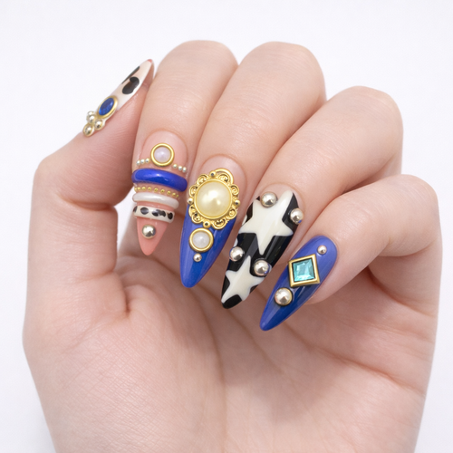 Luxury Gemstone Press On Nails – Royal Blue & Leopard Almond with Gold Charms