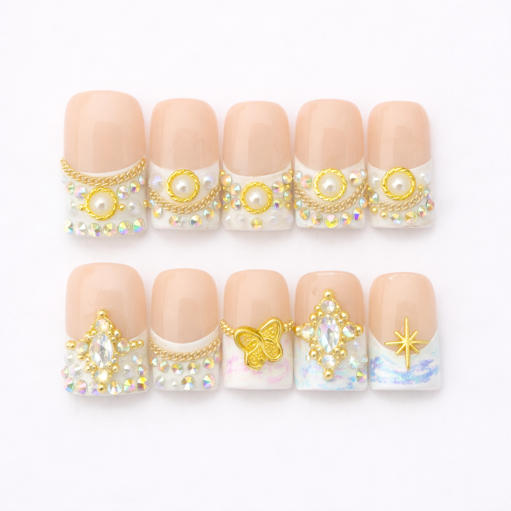 Luxury French Press On Nails – Nude Square with Pearl, Gold Chain & Rhinestone Design