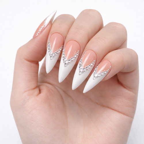 Luxury Rhinestone French Tip Press On Nails – Nude Pink Stiletto Nails, Reusable Salon Look