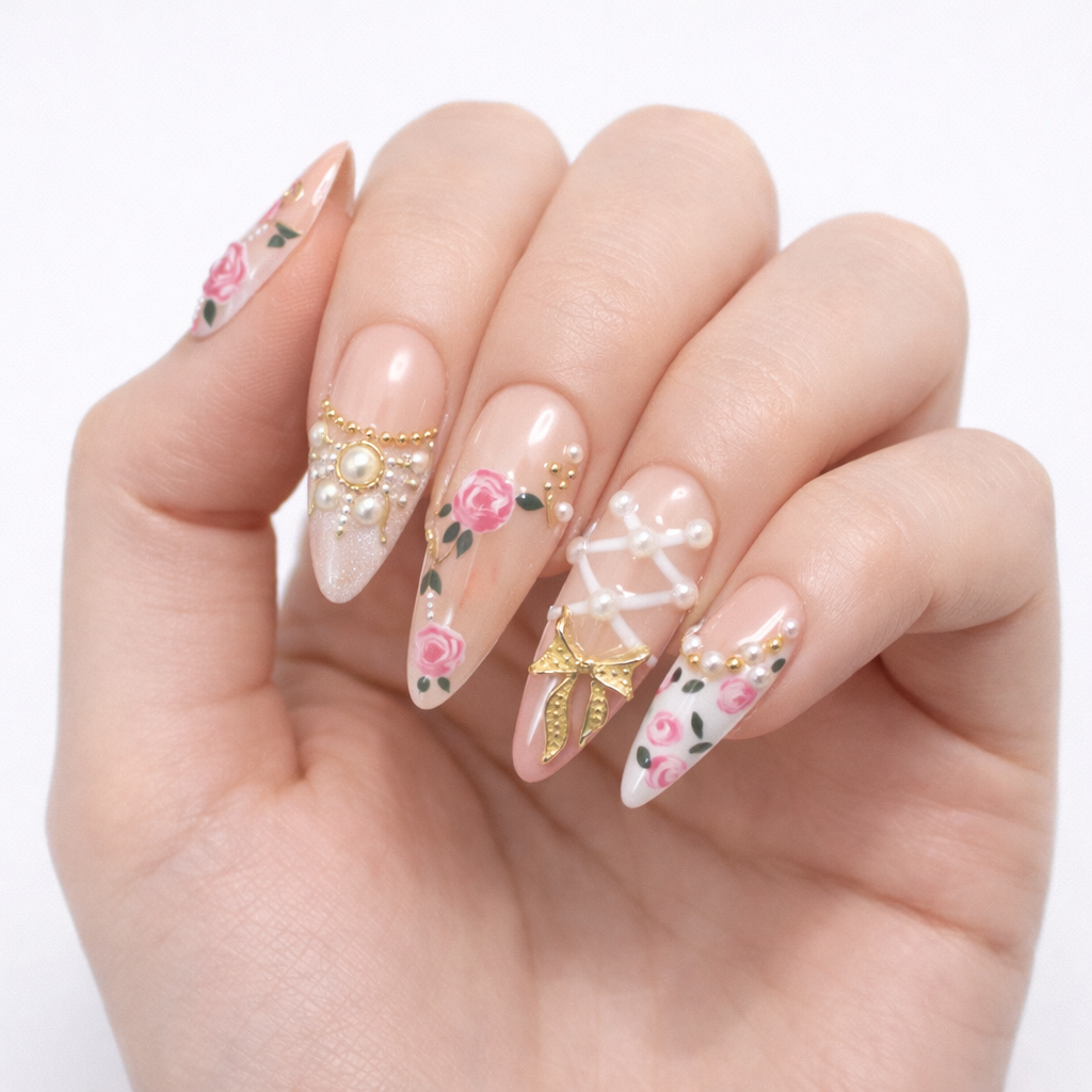 Floral French Press On Nails – Nude Pink Almond with Rose & Pearl Design