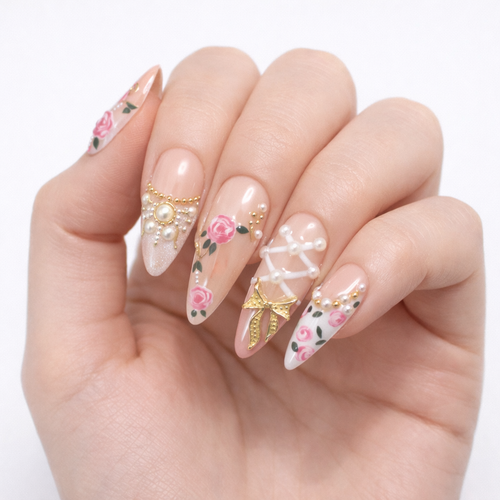Floral French Press On Nails – Nude Pink Almond with Rose & Pearl Design