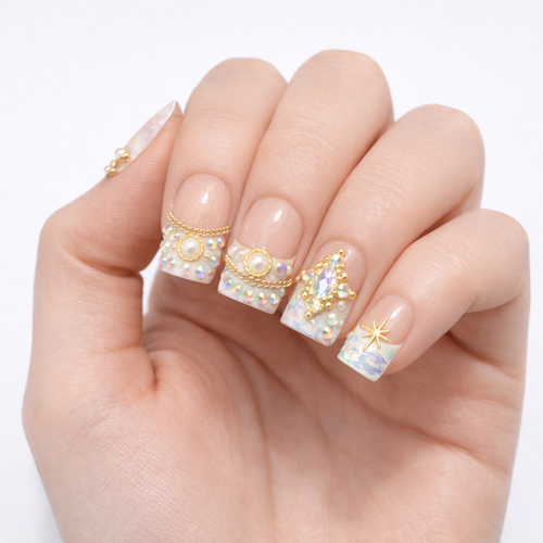 Luxury French Press On Nails – Nude Square with Pearl, Gold Chain & Rhinestone Design
