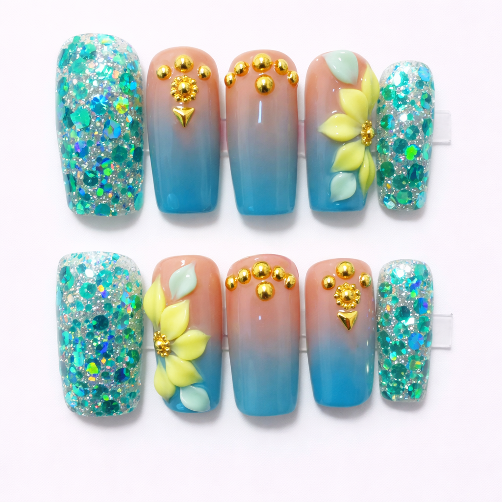 Ocean Blue Glitter Press On Nails – Summer Gradient 3D Flower Nails with Gold Studs