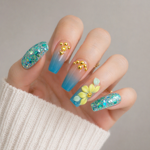 Ocean Blue Glitter Press On Nails – Summer Gradient 3D Flower Nails with Gold Studs