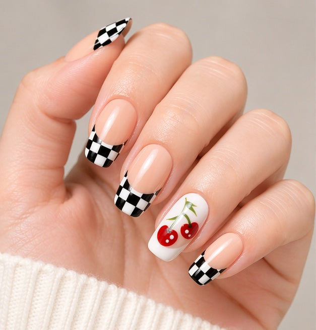 Cherry Checker Press On Nails – Nude French Tip with Black White Checker & Cute Cherry Design