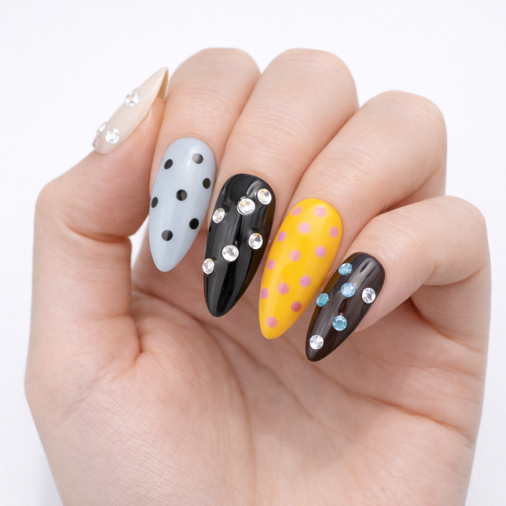 Color Pop Polka Dot Press-On Nails – Glossy Almond Shape with Rhinestones