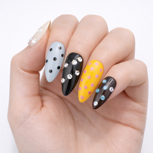 Color Pop Polka Dot Press-On Nails – Glossy Almond Shape with Rhinestones