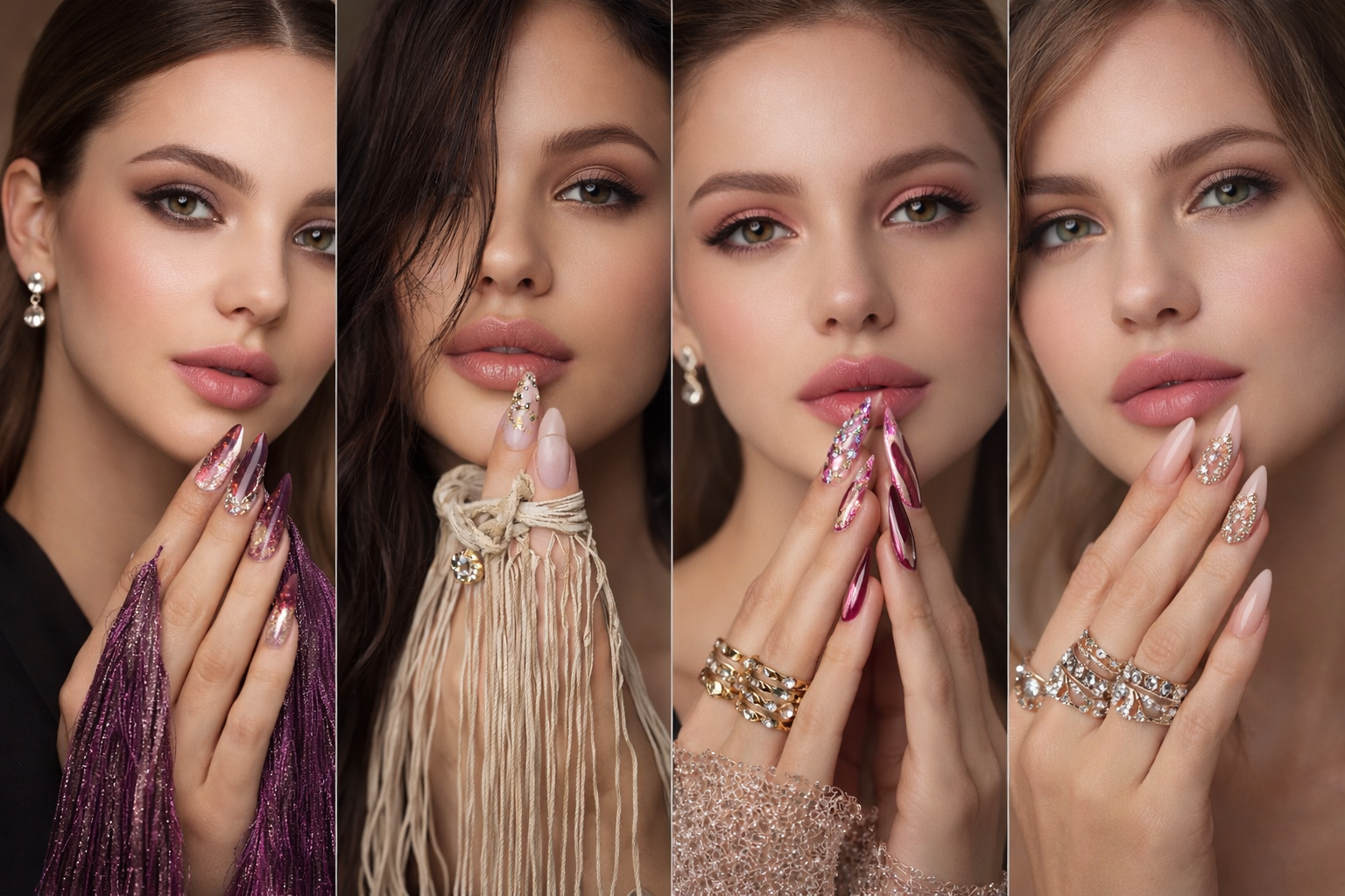 Luxury press on nails with long coffin and almond shape, glossy nude, pink glitter and rhinestone nail designs for women
