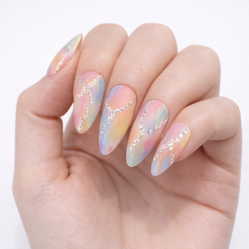 Pastel Rainbow Glitter Press-On Nails – Glossy Almond Ombre Nails