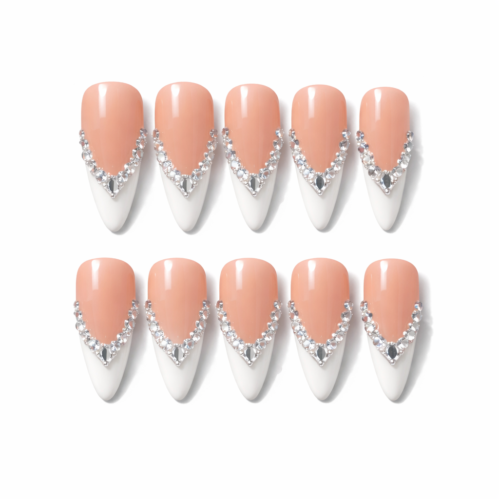 Luxury Rhinestone French Tip Press On Nails – Nude Pink Stiletto Nails, Reusable Salon Look